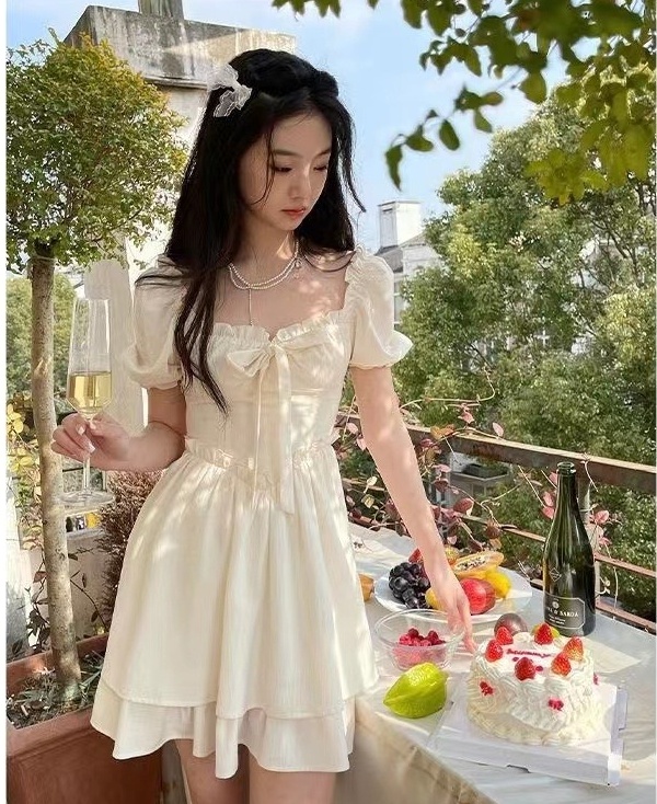 Summer beautiful pure dress maiden puff sleeve T-back