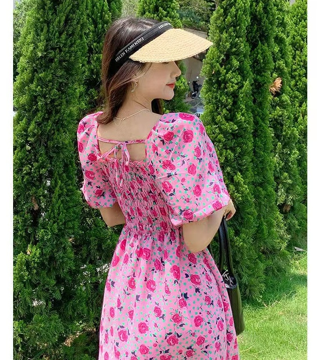 France style pinched waist floral slim dress for women
