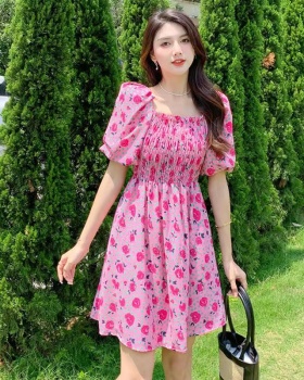 France style pinched waist floral slim dress for women
