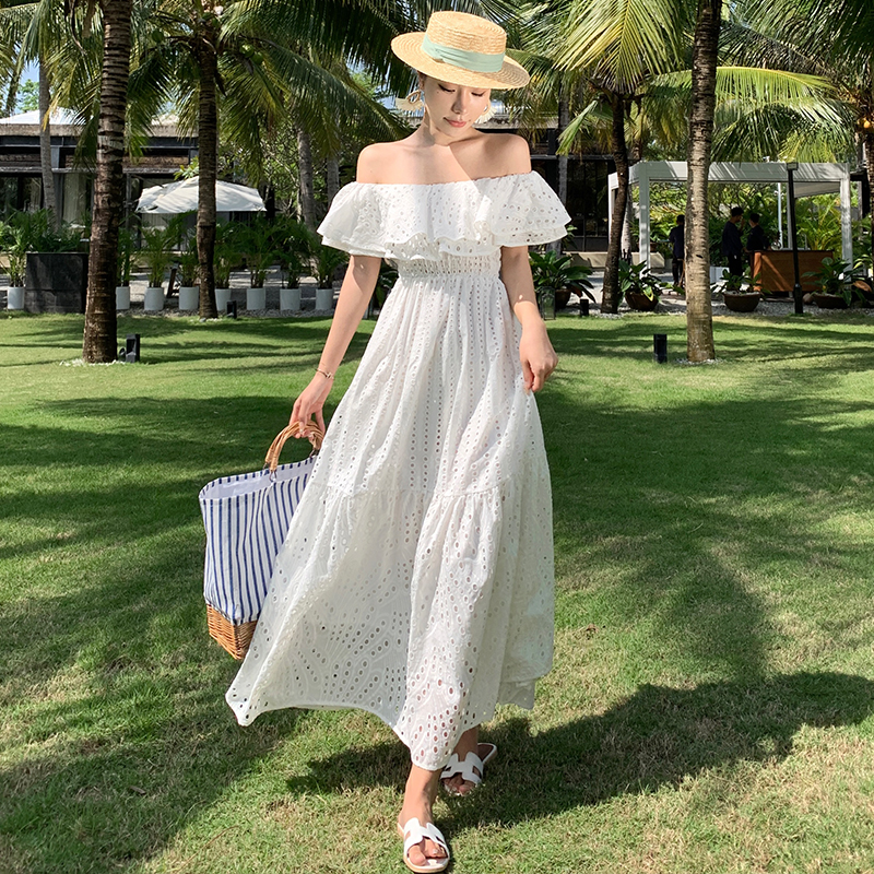 Embroidery strapless long dress vacation dress