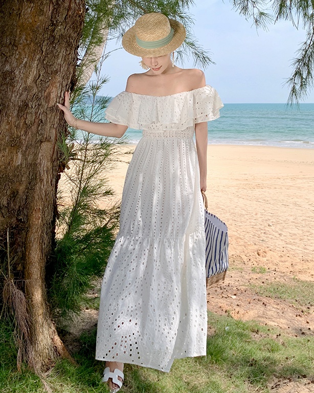 Embroidery strapless long dress vacation dress