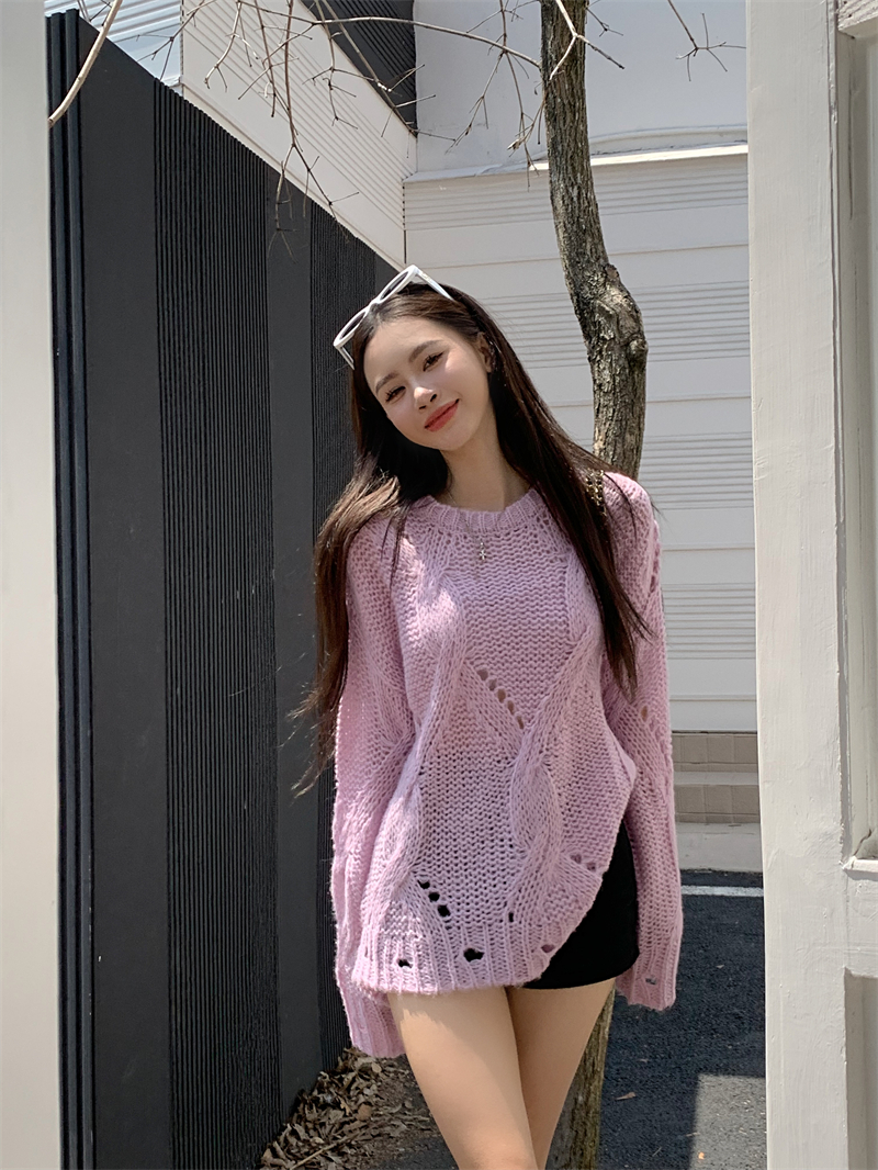 Lavender loose hollow sweater purple thin tops for women