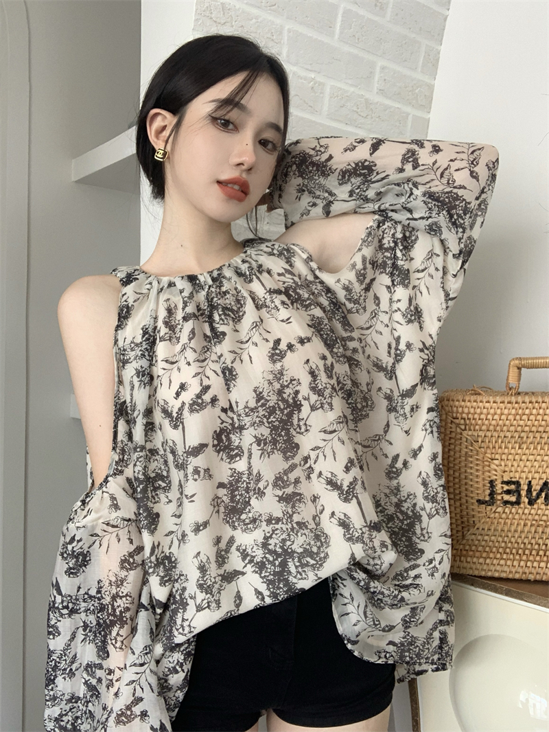 Ink puff sleeve artistic floral retro strapless shirt