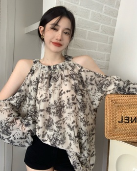 Ink puff sleeve artistic floral retro strapless shirt