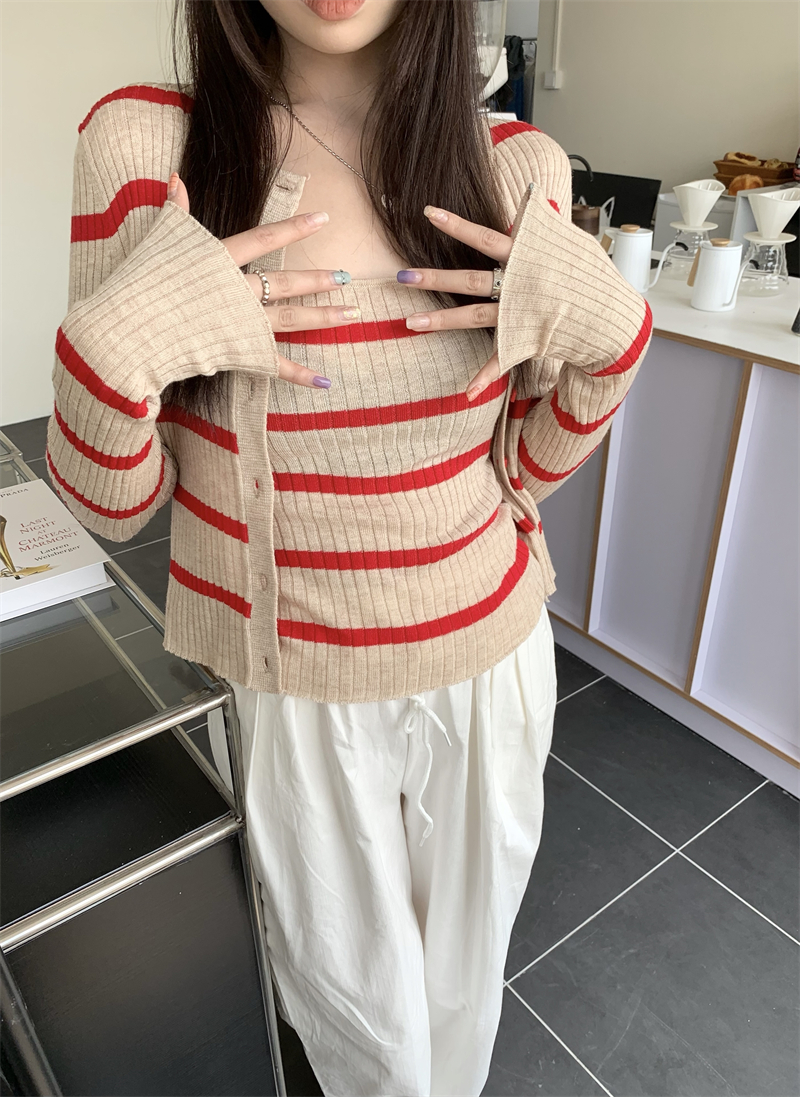 Lady simple sling cardigan long sleeve knitted vest a set