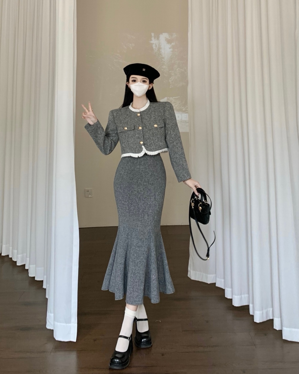 High waist splice skirt spring jacket a set