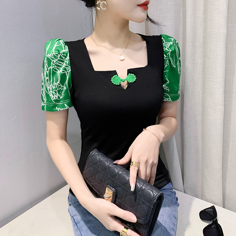 Printing green T-shirt all-match Chinese style tops for women