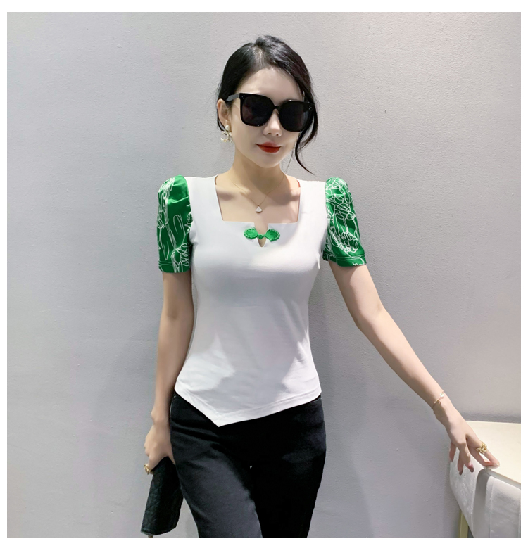 Printing green T-shirt all-match Chinese style tops for women
