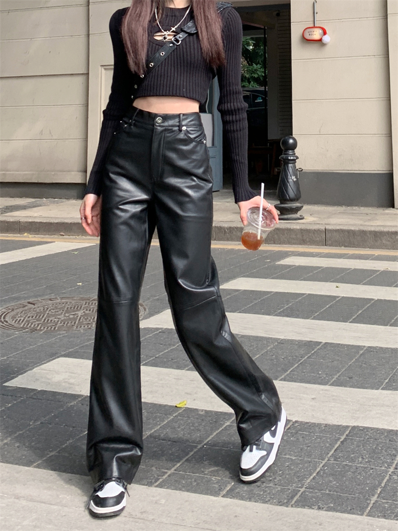 Slim all-match leather pants loose high waist casual pants
