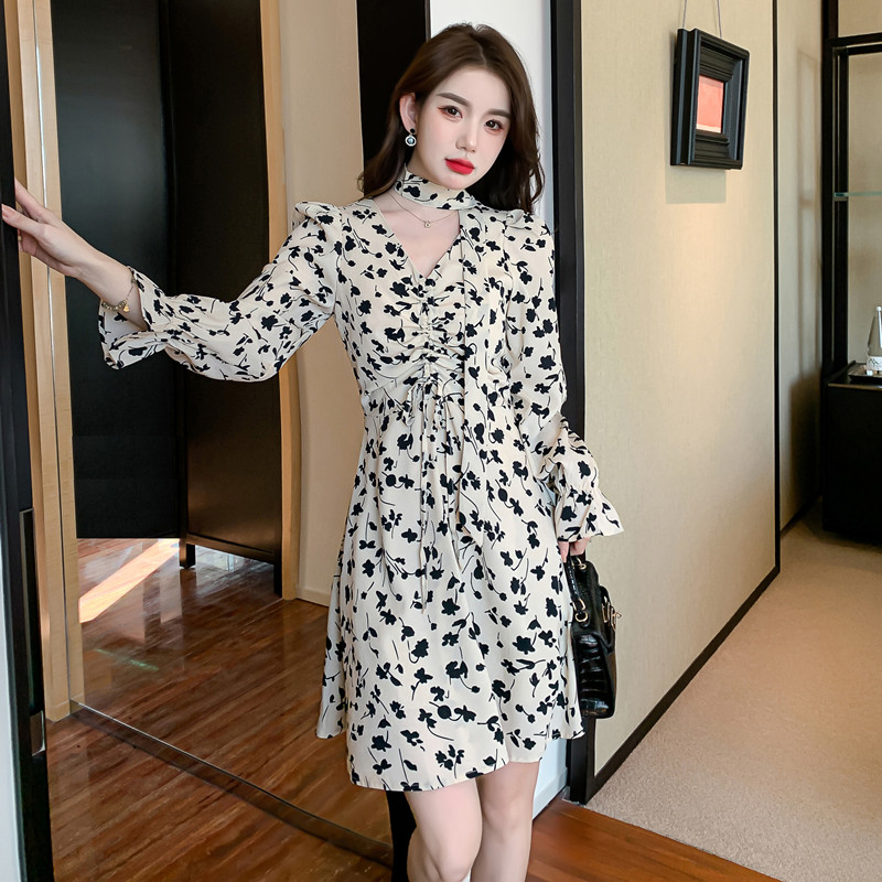Retro light pinched waist T-back puff sleeve floral dress