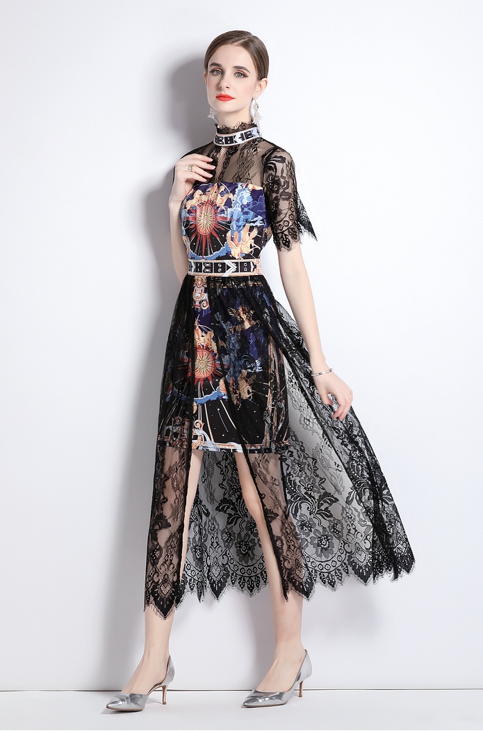 Cstand collar splice summer printing lace dress