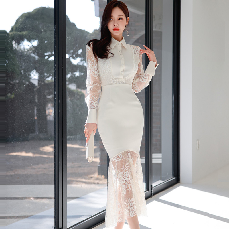 Spring mermaid dress lace Korean style long dress for women