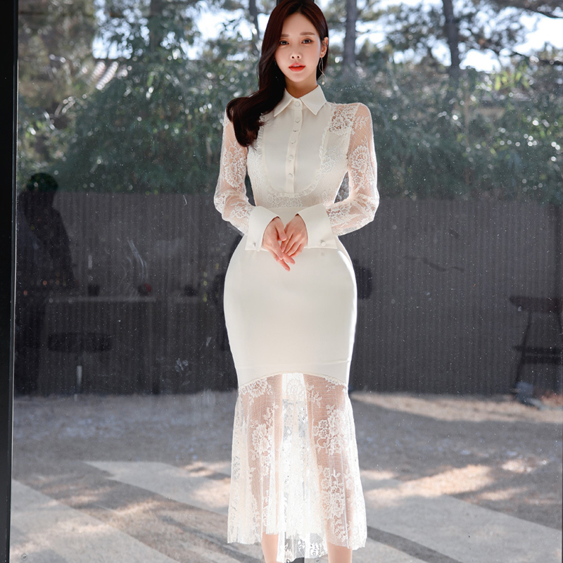 Spring mermaid dress lace Korean style long dress for women