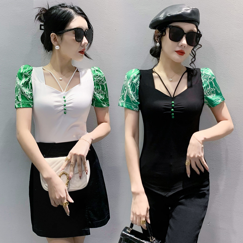Short sleeve printing T-shirt green tops for women