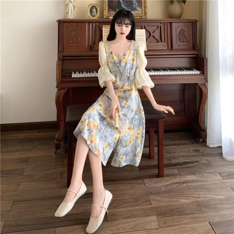 Slim sweet floral summer pinched waist temperament long dress