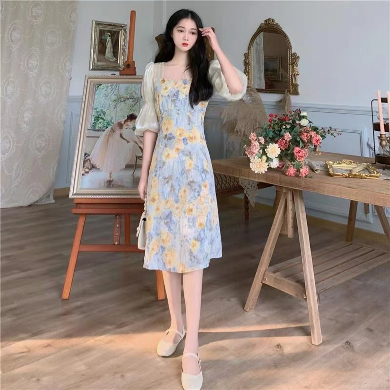 Slim sweet floral summer pinched waist temperament long dress