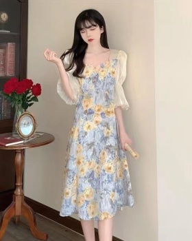Slim sweet floral summer pinched waist temperament long dress