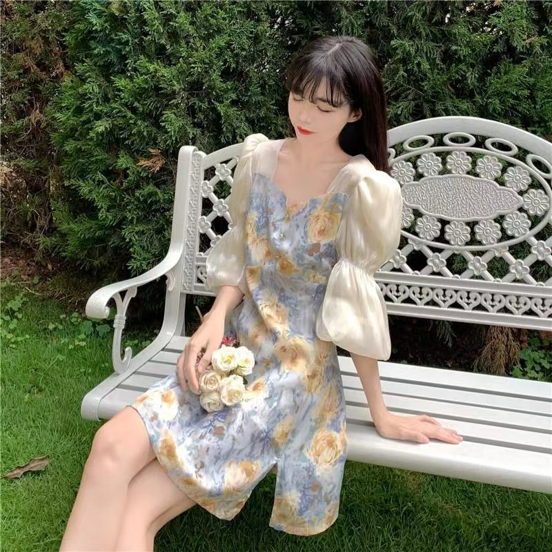 Short temperament floral slim short sleeve dress