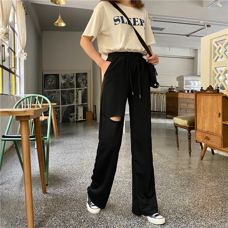 Straight pants holes Casual loose wide leg pants for women