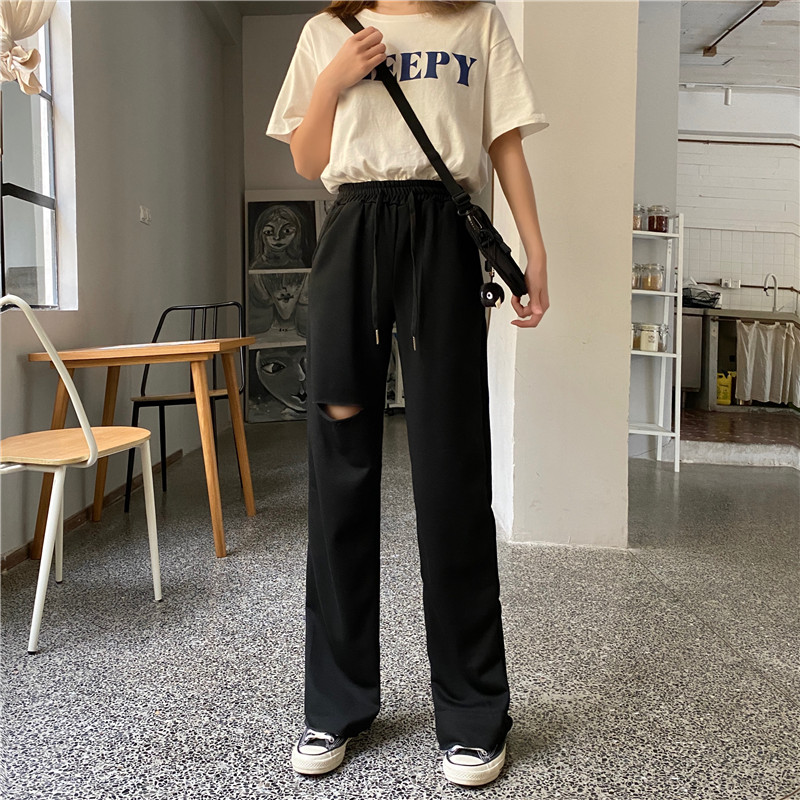 Straight pants holes Casual loose wide leg pants for women