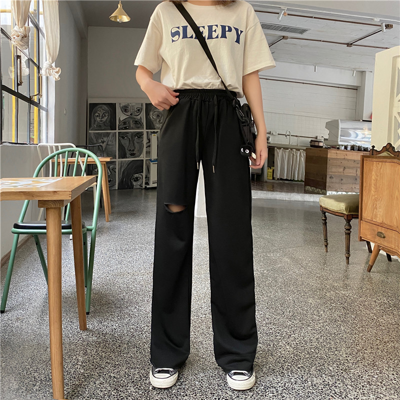 Straight pants holes Casual loose wide leg pants for women