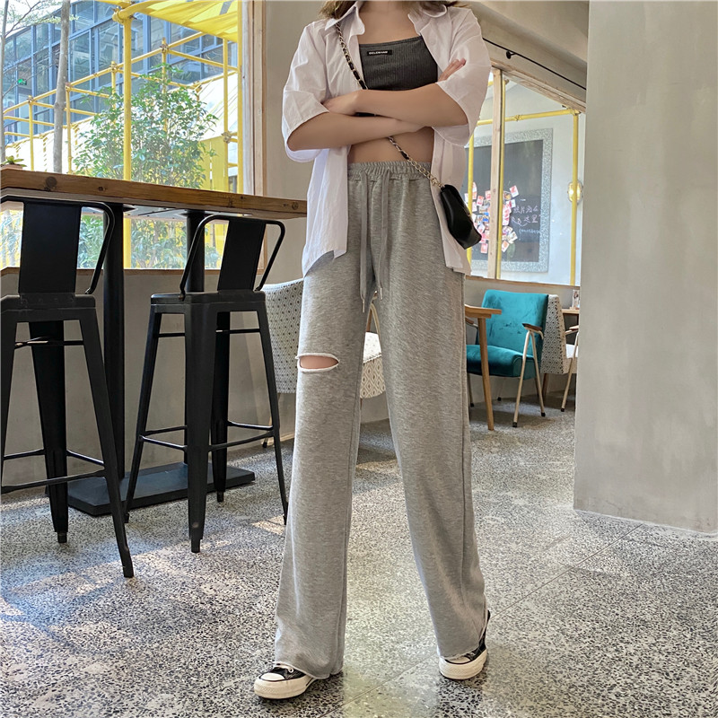 Straight pants holes Casual loose wide leg pants for women