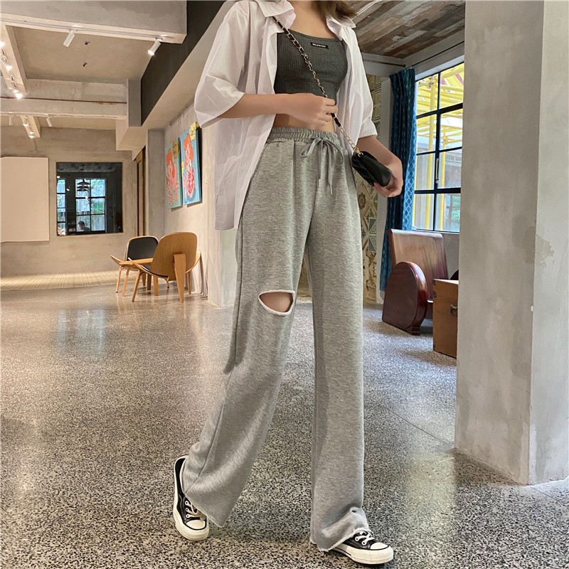 Straight pants holes Casual loose wide leg pants for women