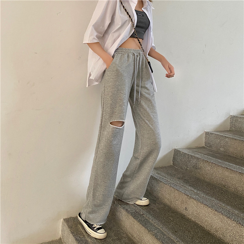 Straight pants holes Casual loose wide leg pants for women