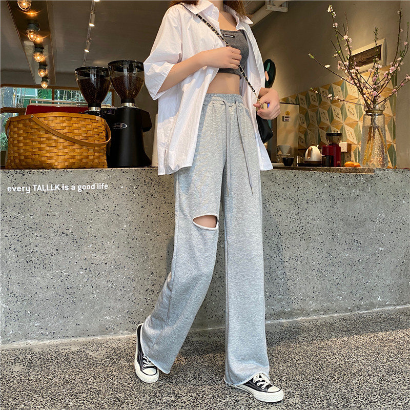 Straight pants holes Casual loose wide leg pants for women