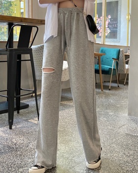 Straight pants holes Casual loose wide leg pants for women