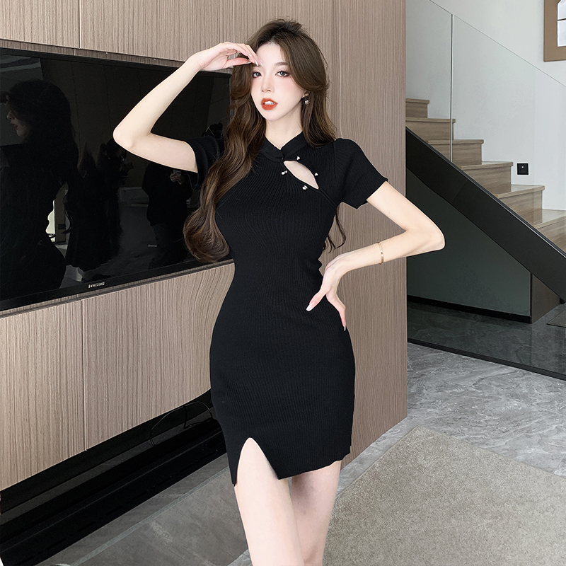 Black slim sexy dress fashion split T-back for women