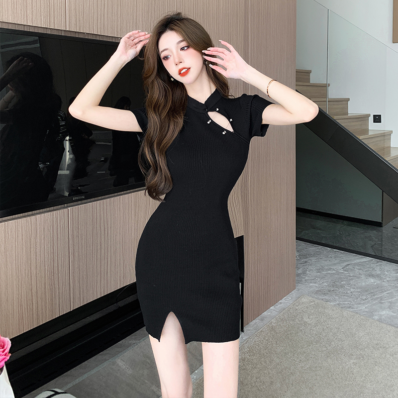 Black slim sexy dress fashion split T-back for women