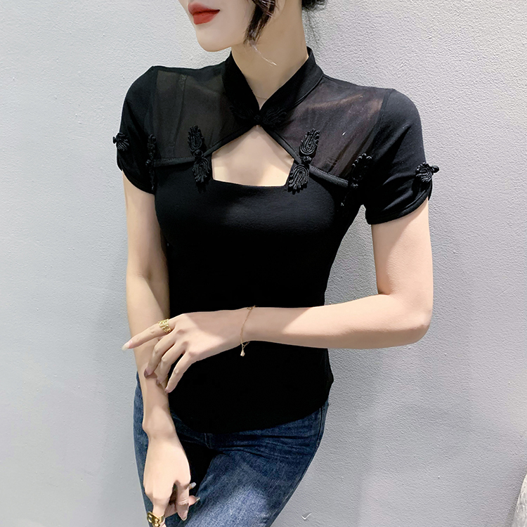 Red Chinese style tops spring and summer T-shirt