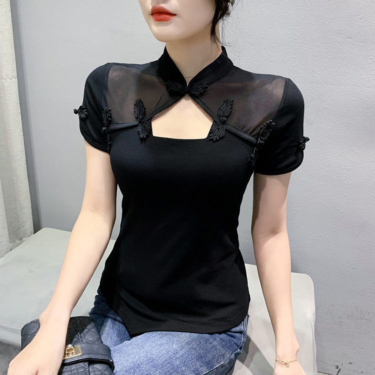 Red Chinese style tops spring and summer T-shirt