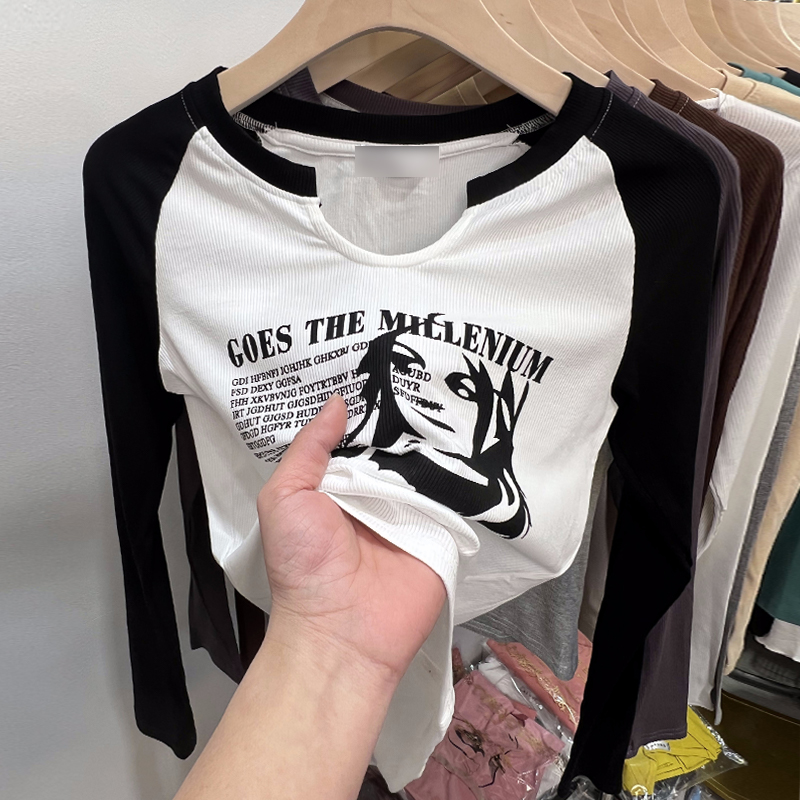Printing bottoming shirt raglan tops for women