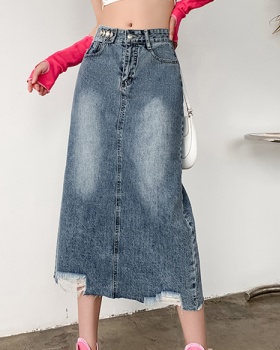 Casual retro all-match long washed denim slim skirt
