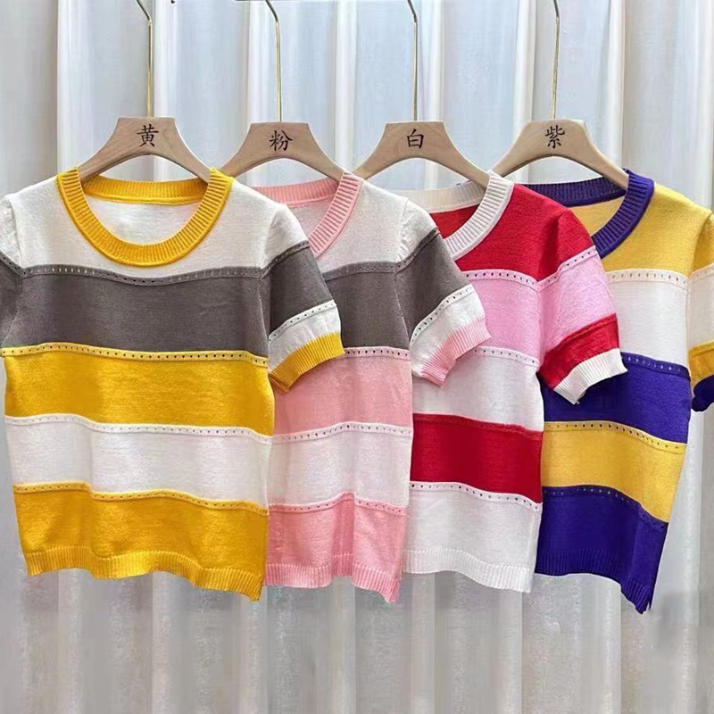 Stripe summer knitted all-match thin tops for women