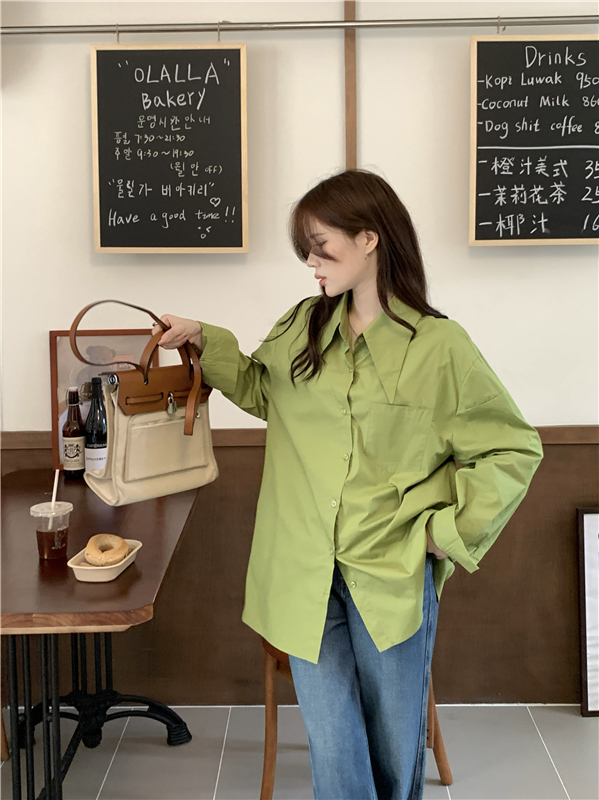 Long sleeve green slim cotton loose long shirt
