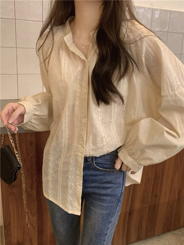 Retro embroidery shirt round neck long sleeve tops for women