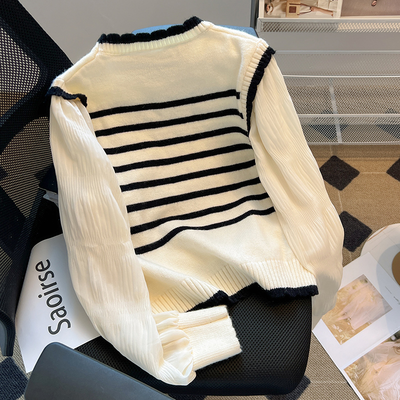 Unique France style puff sleeve spring splice sweater for women