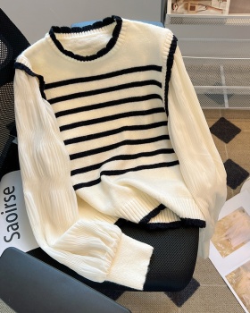 Unique France style puff sleeve spring splice sweater for women