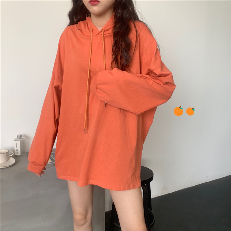 Korean style loose pure all-match long sleeve hooded T-shirt