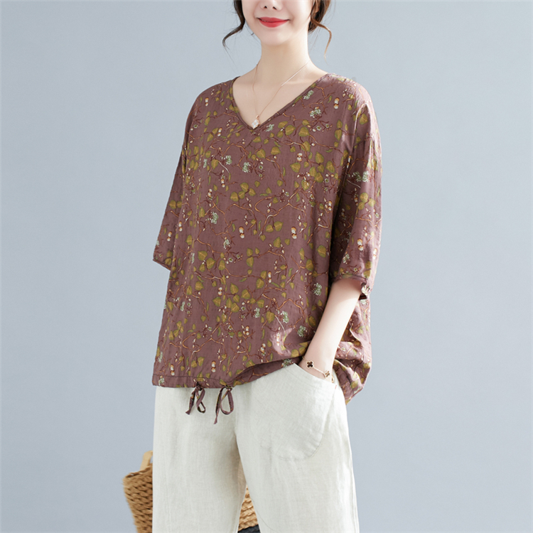 V-neck floral T-shirt cotton linen tops for women