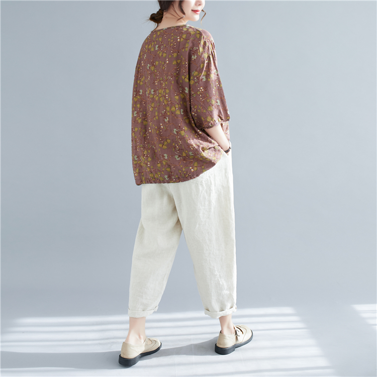 V-neck floral T-shirt cotton linen tops for women
