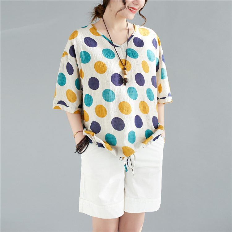 V-neck cotton linen tops polka dot shirt