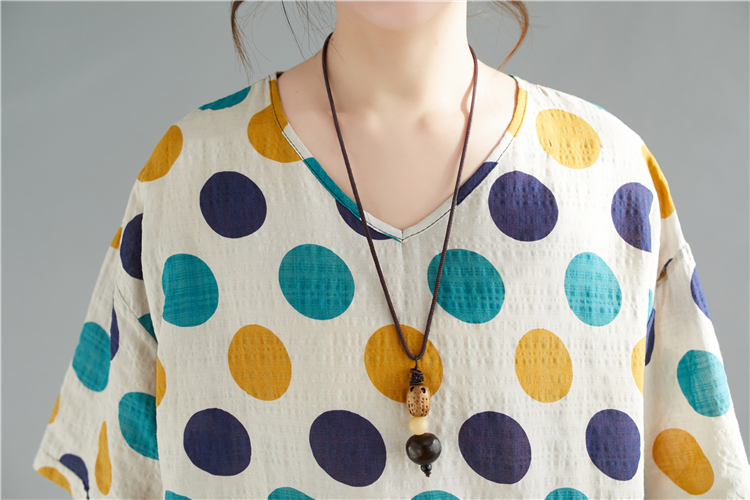 V-neck cotton linen tops polka dot shirt
