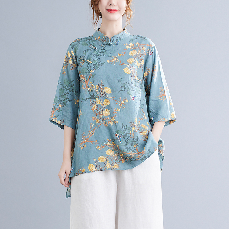 Cstand collar large yard shirt cotton linen tops for women