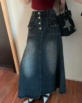 Pocket washed denim retro skirt