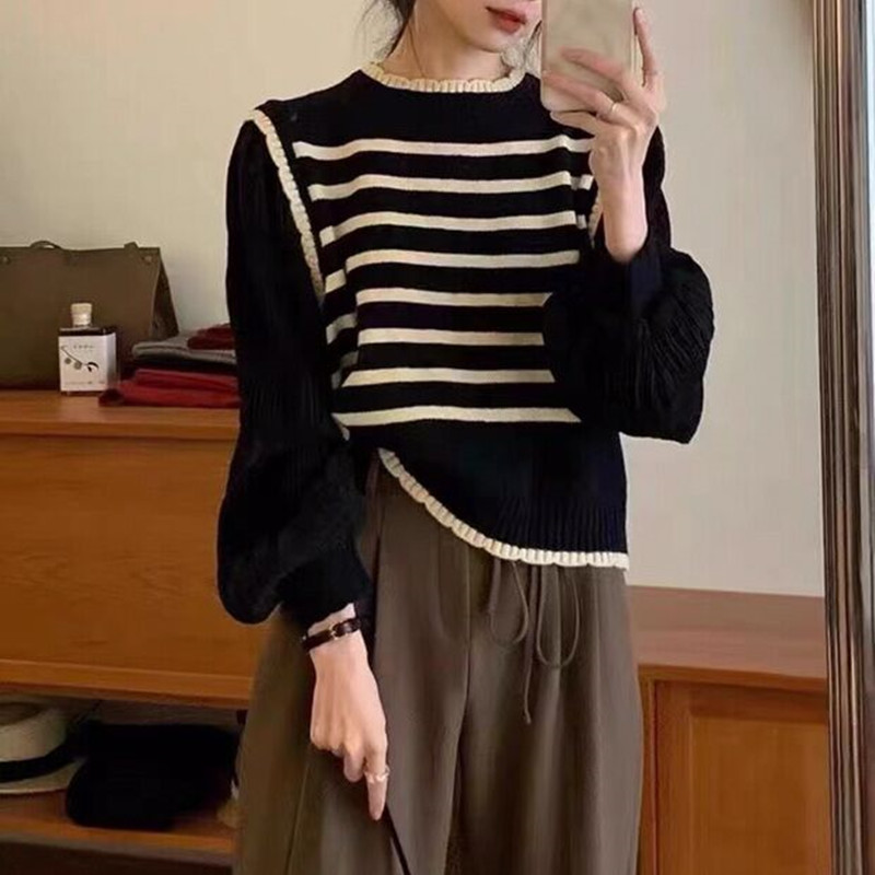 Pseudo-two France style sweater slim tops for women