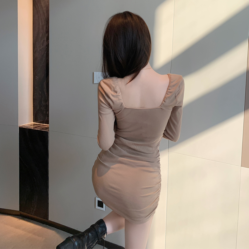 Sexy long sleeve dress with chest pad package hip T-back